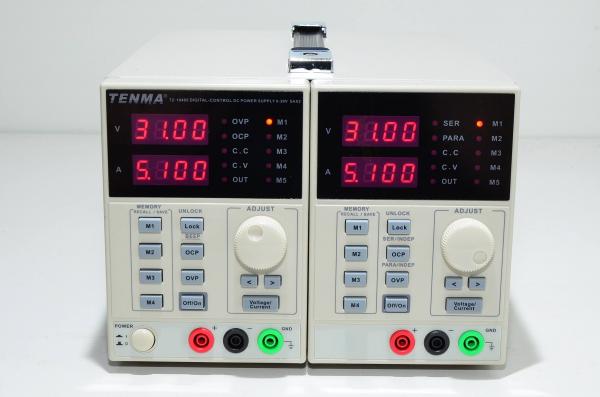 Tenma 72-10495 digitaalisesti ohjattu DC laboratorio virtalähde kahdella 0-30VDC 0-5A ulostulolla ja 4mm turvabanaaniliittimillä + 5x esiasetuksella *uusi*